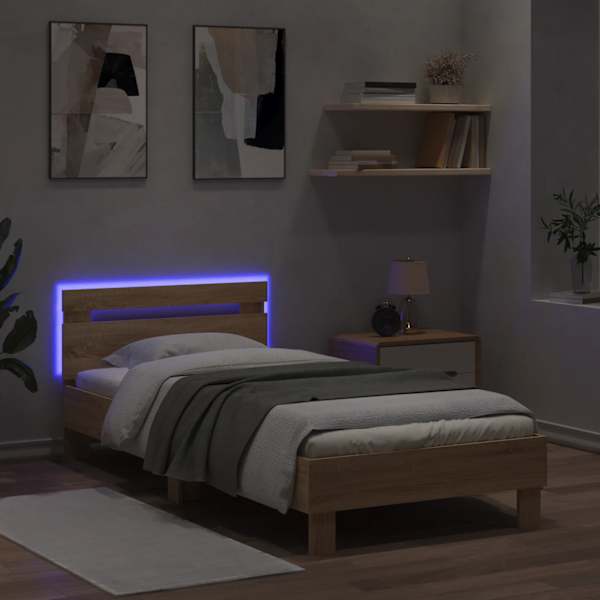 LED-valgustusega voodiraam, sonoma tamm, 90 × 190 cm — mudel 838745