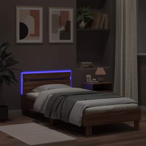 LED-valgustusega voodiraam, pruun tamm, 90 × 190 cm — mudel 838749