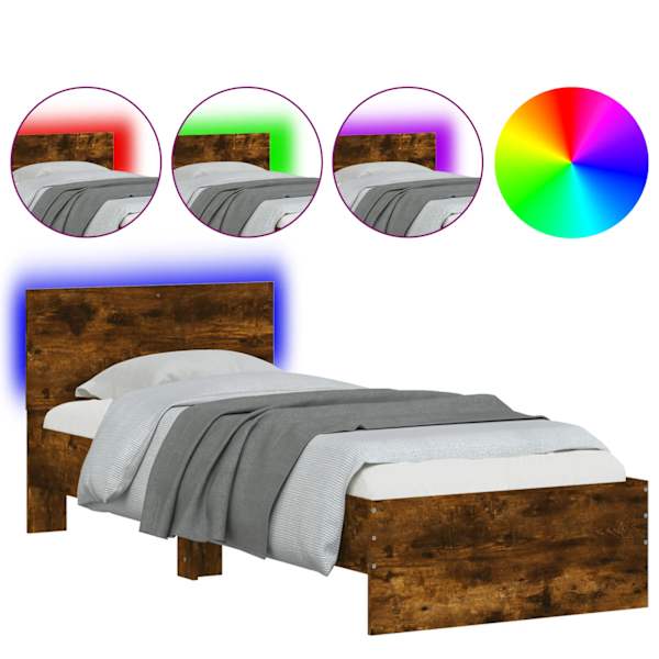 LED-valgustusega voodiraam, suitsutatud tamm, 75 × 190 cm — mudel 838845