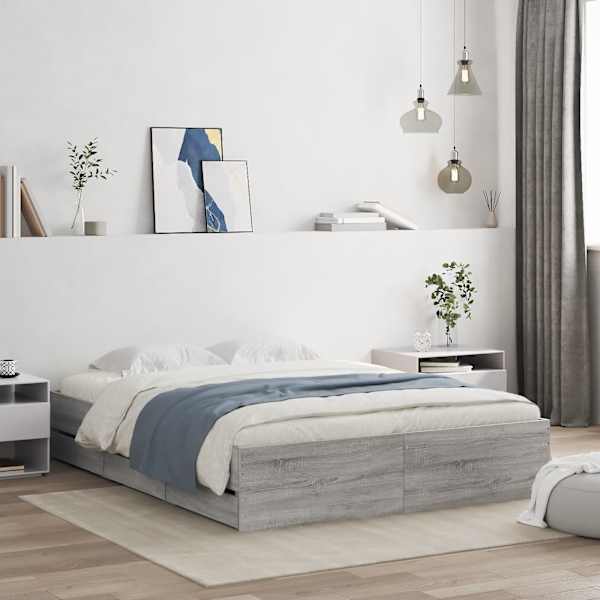 Sahtlitega voodiraam, hall sonoma tamm, 150 × 200 cm, tehispuit — mudel 3207271