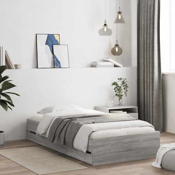 Sahtlitega voodiraam, hall sonoma tamm, 100 × 200 cm, tehispuit — mudel 3207292