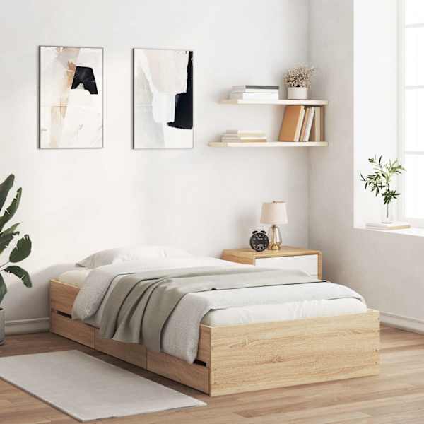 Sahtlitega voodiraam, sonoma tamm, 90 × 200 cm, tehispuit — mudel 3207296