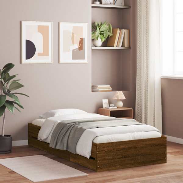 Sahtlitega voodiraam, pruun tamm, 90 × 190 cm, tehispuit — mudel 3207328