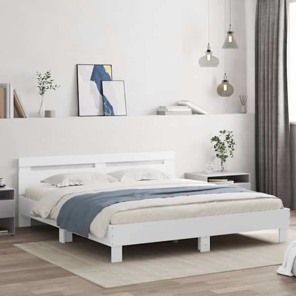 Voodiraam peatsiga, valge, 200 × 200 cm, tehispuit — mudel 3207392