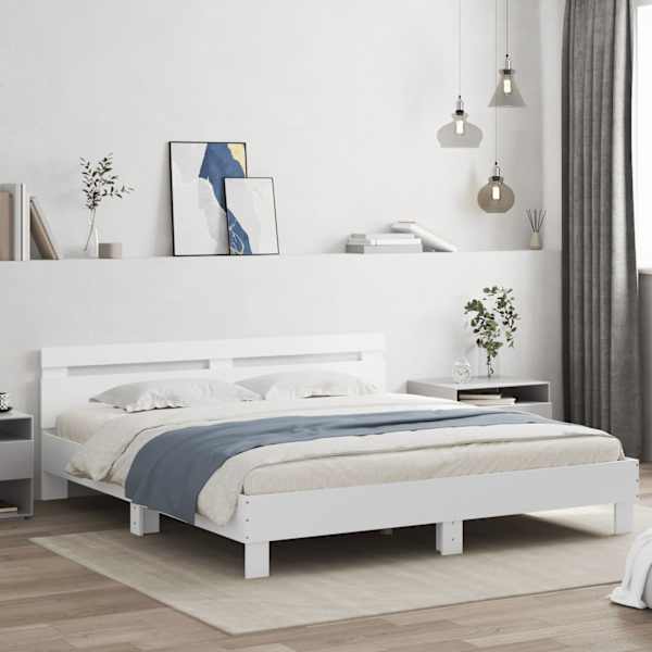 Voodiraam peatsiga, valge, 160 × 200 cm, tehispuit — mudel 3207406