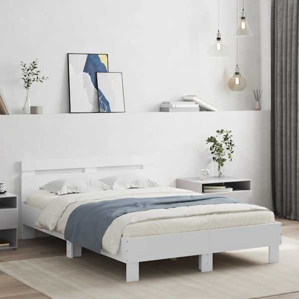 Voodiraam peatsiga, valge, 135 × 190 cm, tehispuit — mudel 3207441