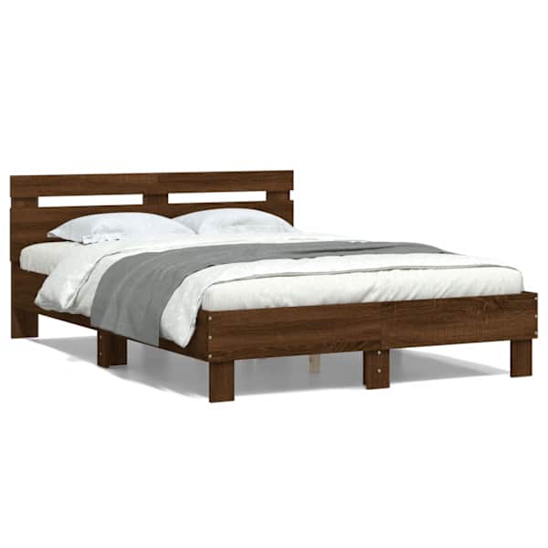 Voodiraam peatsiga, pruun tamm, 135 × 190 cm, tehispuit — mudel 3207447
