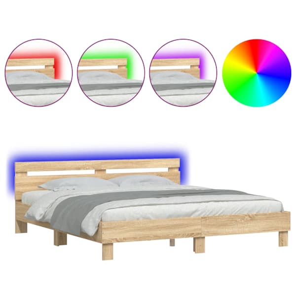 LED-valgustusega voodiraam peatsiga, sonoma tamm, 200 × 200 cm — mudel 3207520