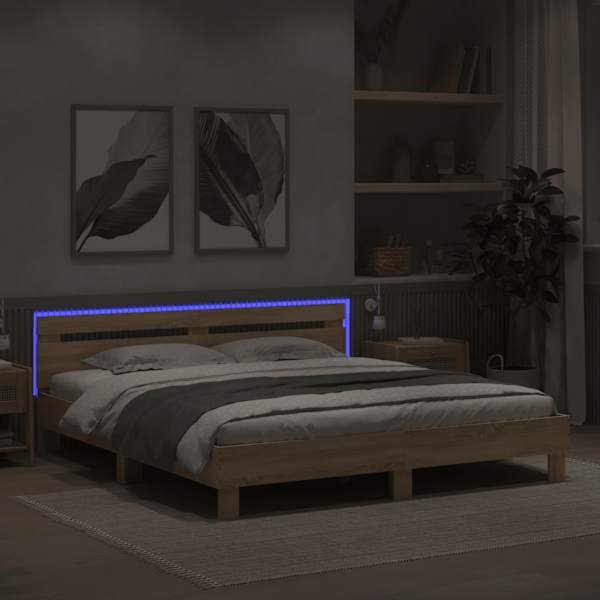 LED-valgustusega voodiraam peatsiga, sonoma tamm, 200 × 200 cm — mudel 3207520