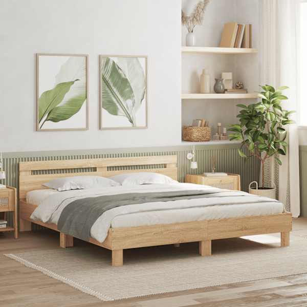 LED-valgustusega voodiraam peatsiga, sonoma tamm, 200 × 200 cm — mudel 3207520