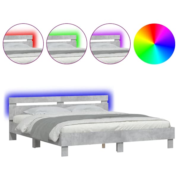 LED-valgustusega voodiraam peatsiga, betoonhall, 200 × 200 cm — mudel 3207521