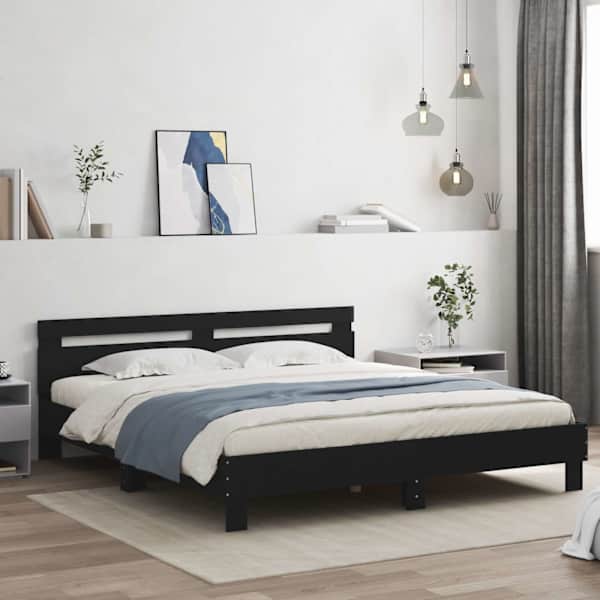LED-valgustusega voodiraam peatsiga, must, 180 × 200 cm — mudel 3207526