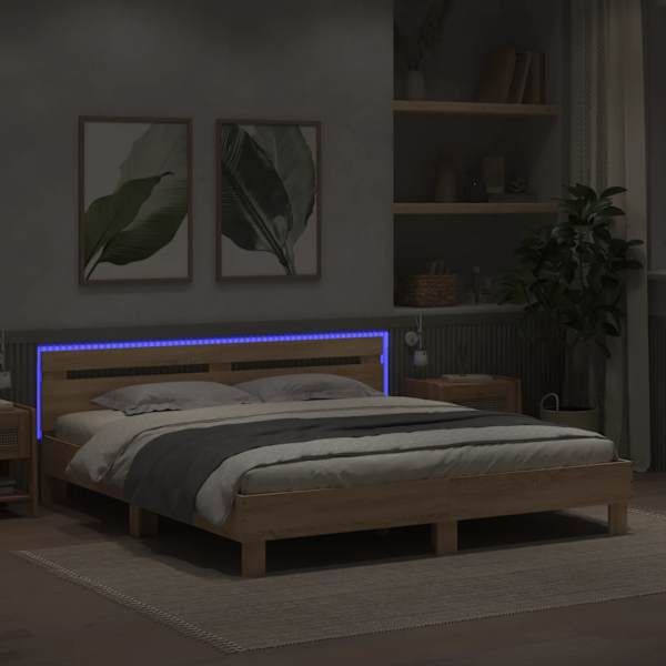 LED-valgustusega voodiraam peatsiga, sonoma tamm, 180 × 200 cm — mudel 3207527