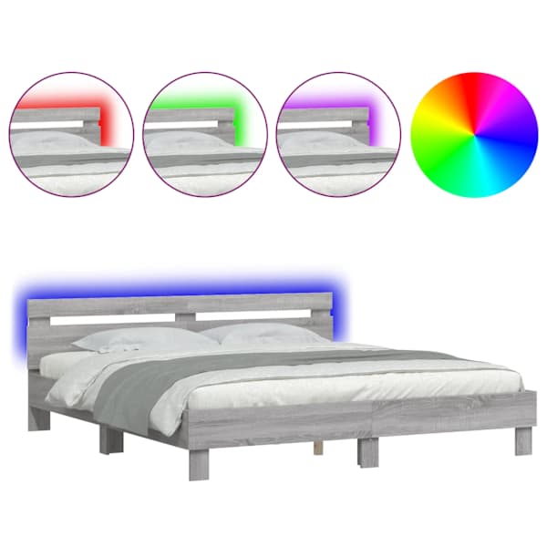 LED-valgustusega voodiraam peatsiga, hall sonoma tamm, 160 × 200 cm — mudel 3207537