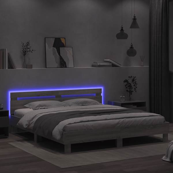 LED-valgustusega voodiraam peatsiga, hall sonoma tamm, 160 × 200 cm — mudel 3207537