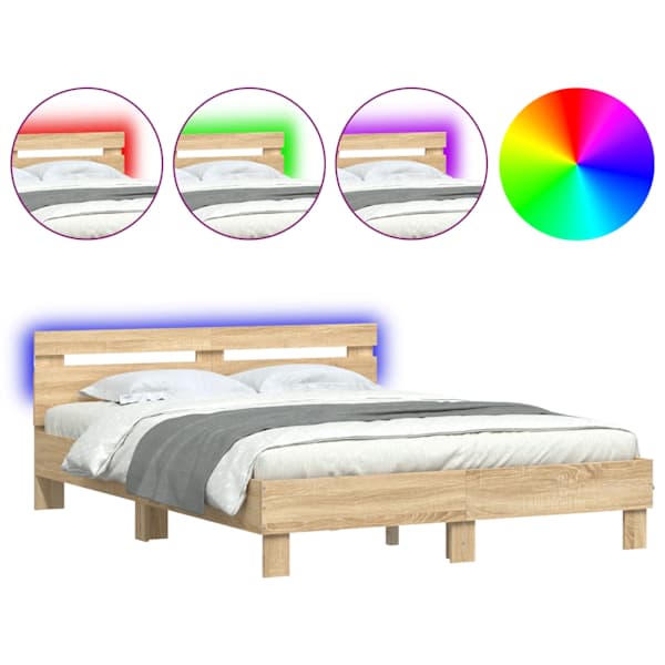 LED-valgustusega voodiraam peatsiga, sonoma tamm, 140 × 200 cm — mudel 3207548