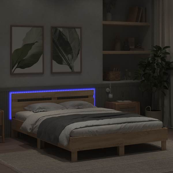 LED-valgustusega voodiraam peatsiga, sonoma tamm, 140 × 200 cm — mudel 3207548