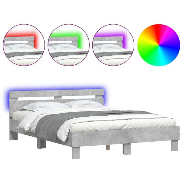 LED-valgustusega voodiraam peatsiga, betoonhall, 140 × 200 cm — mudel 3207549