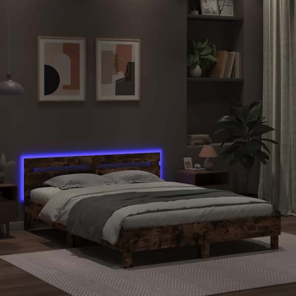 LED-valgustusega voodiraam peatsiga, suitsutatud tamm, 140 × 200 cm — mudel 3207550