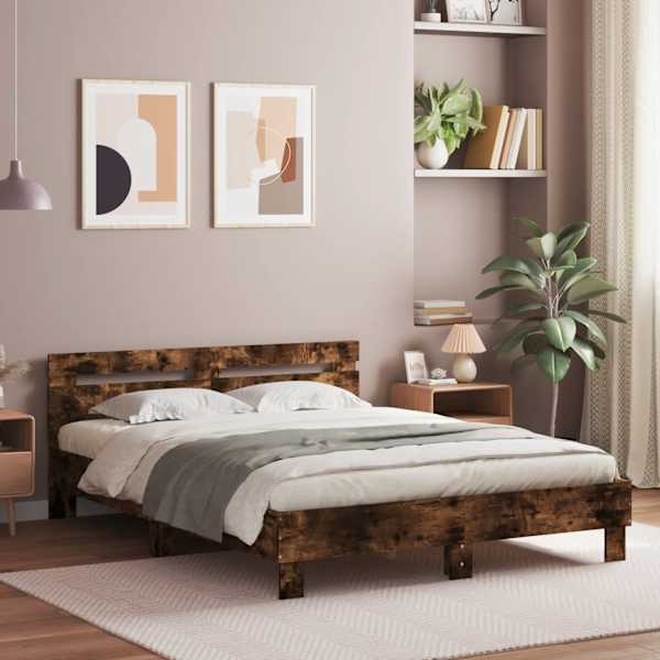 LED-valgustusega voodiraam peatsiga, suitsutatud tamm, 140 × 200 cm — mudel 3207550