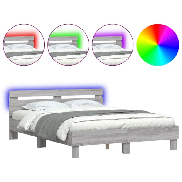 LED-valgustusega voodiraam peatsiga, hall sonoma tamm, 140 × 200 cm — mudel 3207551