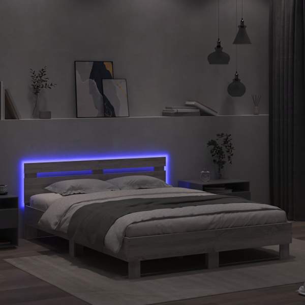 LED-valgustusega voodiraam peatsiga, hall sonoma tamm, 140 × 200 cm — mudel 3207551