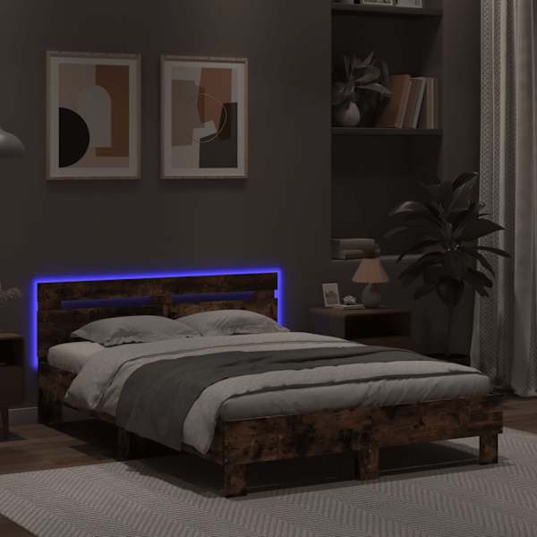 LED-valgustusega voodiraam peatsiga, suitsutatud tamm, 120 × 200 cm — mudel 3207557