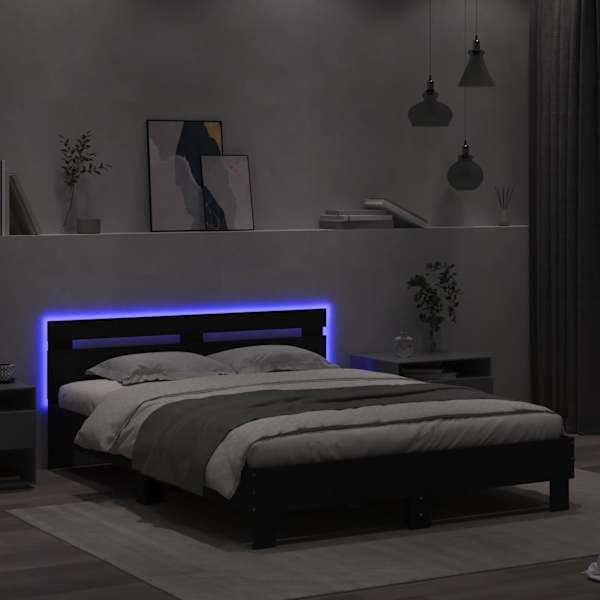 LED-valgustusega voodiraam peatsiga, must, 140 × 190 cm — mudel 3207561