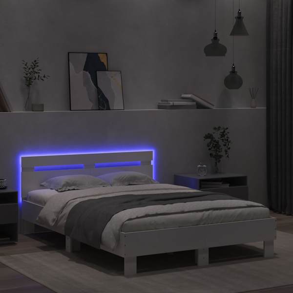 LED-valgustusega voodiraam peatsiga, valge, 120 × 190 cm — mudel 3207574