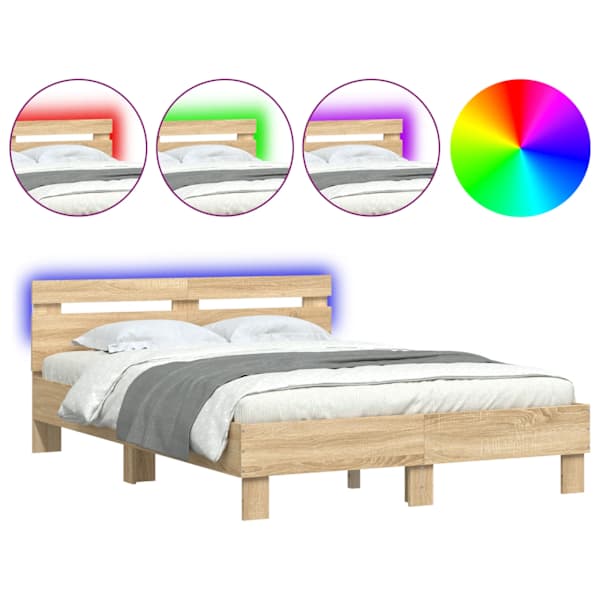 LED-valgustusega voodiraam peatsiga, sonoma tamm, 120 × 190 cm — mudel 3207576