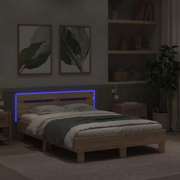 LED-valgustusega voodiraam peatsiga, sonoma tamm, 120 × 190 cm — mudel 3207576