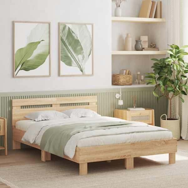 LED-valgustusega voodiraam peatsiga, sonoma tamm, 120 × 190 cm — mudel 3207576