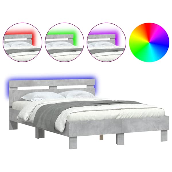 LED-valgustusega voodiraam peatsiga, betoonhall, 120 × 190 cm — mudel 3207577