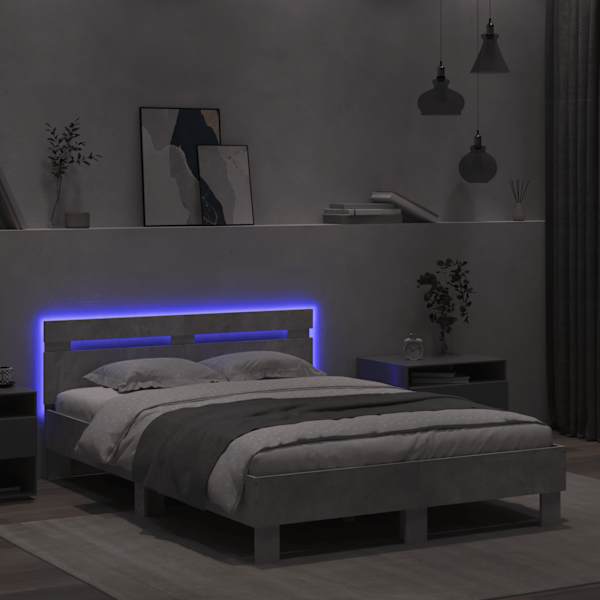 LED-valgustusega voodiraam peatsiga, betoonhall, 120 × 190 cm — mudel 3207577