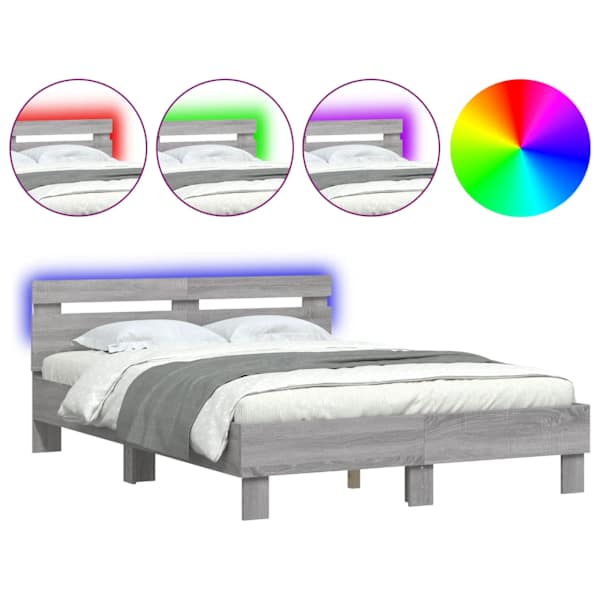 LED-valgustusega voodiraam peatsiga, hall sonoma tamm, 120 × 190 cm — mudel 3207579