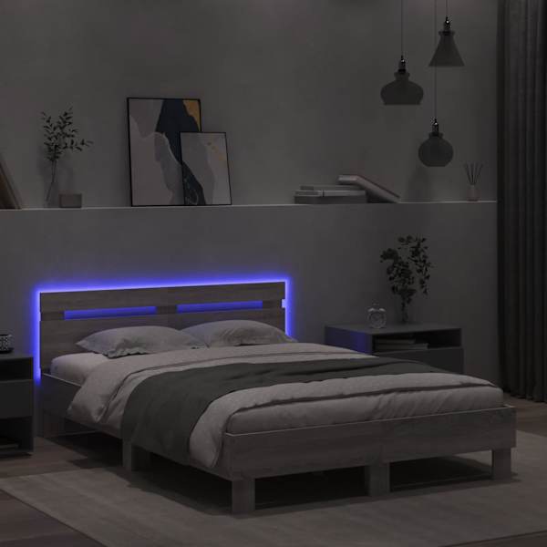 LED-valgustusega voodiraam peatsiga, hall sonoma tamm, 120 × 190 cm — mudel 3207579