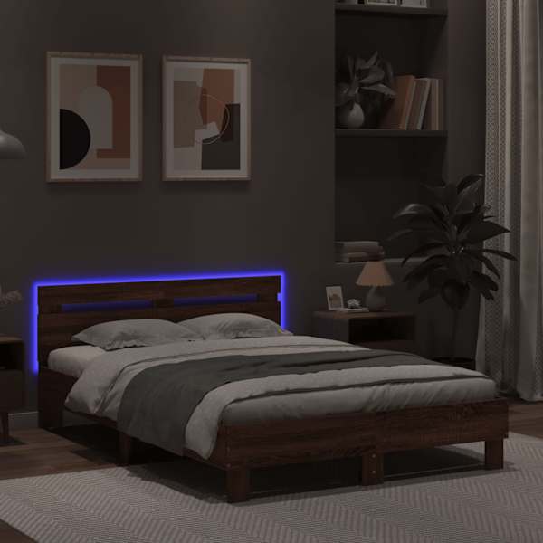 LED-valgustusega voodiraam peatsiga, pruun tamm, 120 × 190 cm — mudel 3207580