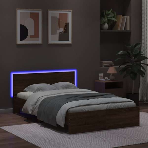 LED-valgustusega voodiraam peatsiga, pruun tamm, 140 × 190 cm — mudel 3207629