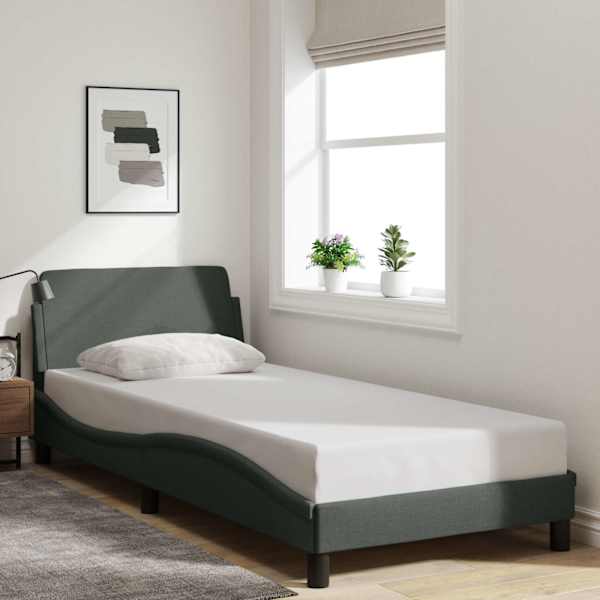 Voodiraam, tumehall, 90 × 200 cm, kangas — mudel 373106