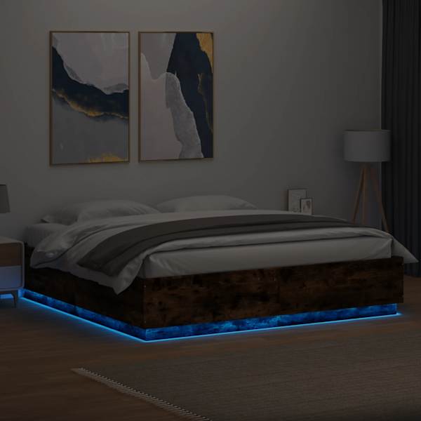 LED-valgustusega voodiraam, suitsutatud tamm, 200 × 200 cm, tehispuit — mudel 3209587