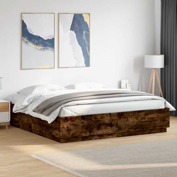 LED-valgustusega voodiraam, suitsutatud tamm, 200 × 200 cm, tehispuit — mudel 3209587