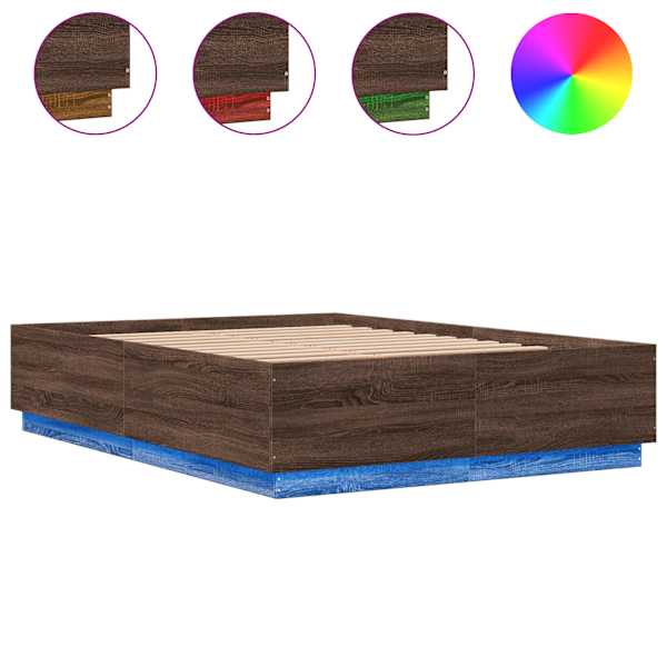 LED-valgustusega voodiraam, pruun tamm, 150 × 200 cm, tehispuit — mudel 3209610