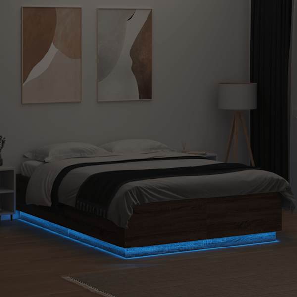 LED-valgustusega voodiraam, pruun tamm, 150 × 200 cm, tehispuit — mudel 3209610