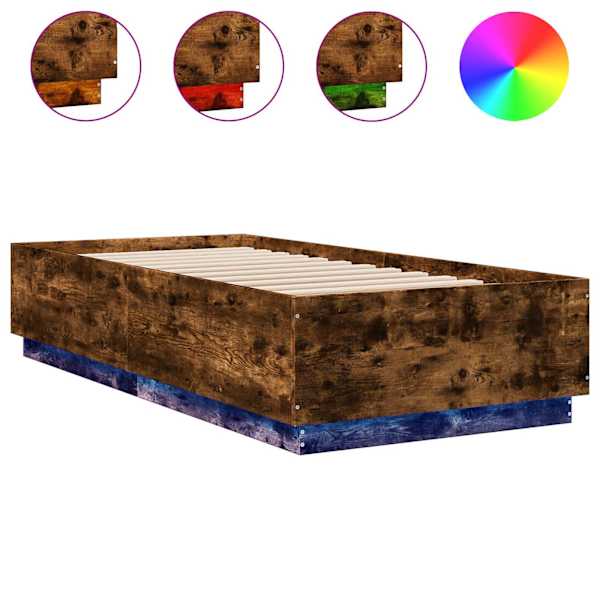 LED-valgustusega voodiraam, suitsutatud tamm, 100 × 200 cm, tehispuit — mudel 3209629