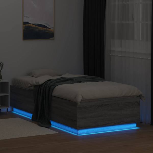 LED-valgustusega voodiraam, hall sonoma tamm, 100 × 200 cm, tehispuit — mudel 3209630