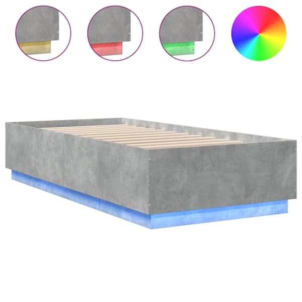 LED-valgustusega voodiraam, betoonhall, 90 × 200 cm, tehispuit — mudel 3209635