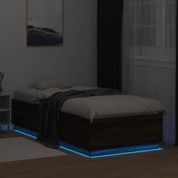 LED-valgustusega voodiraam, pruun tamm, 90 × 200 cm, tehispuit — mudel 3209638