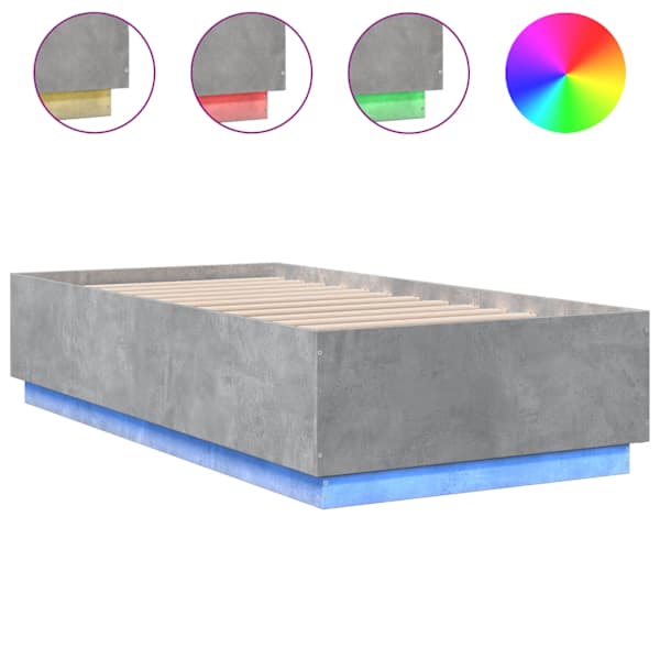 LED-valgustusega voodiraam, betoonhall, 75 × 190 cm, tehispuit — mudel 3209670
