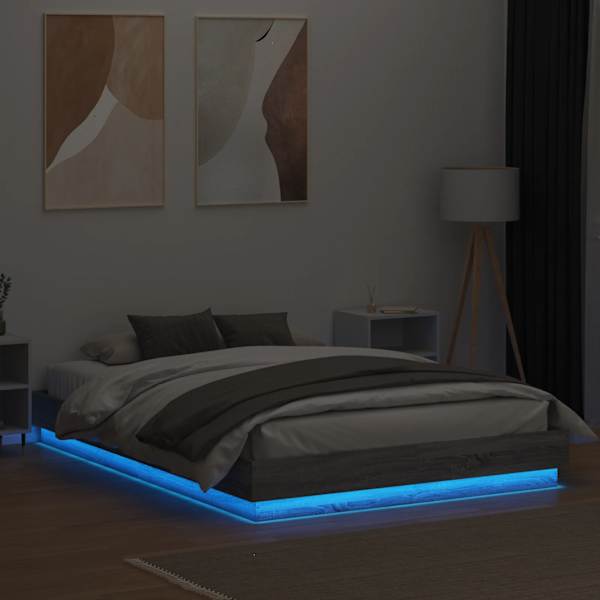 LED-valgustusega voodiraam, hall sonoma tamm, 150 × 200 cm — mudel 3209791