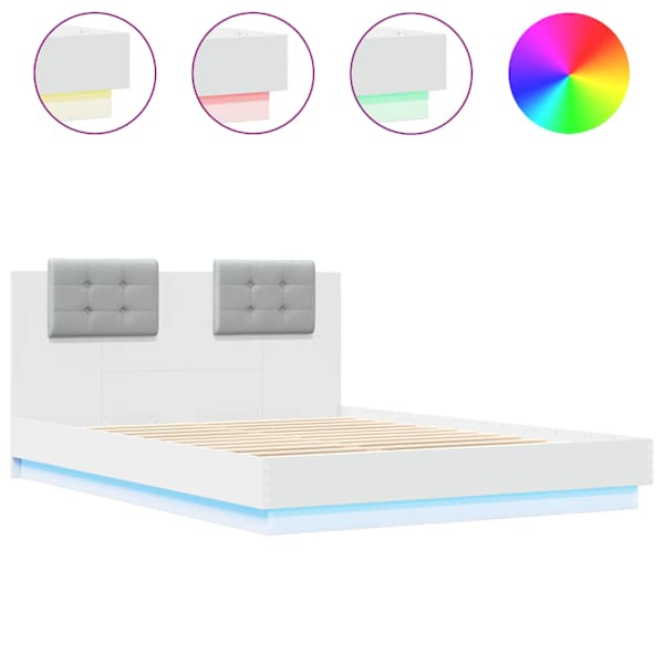 LED-valgustusega voodiraam peatsiga, valge, 150 × 200 cm — mudel 3210003